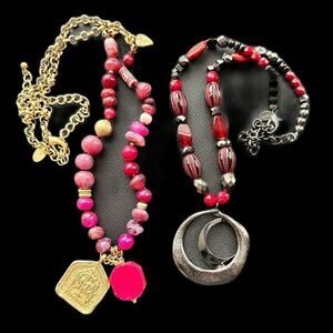 Two Red Pink Bead Chico's Statement Necklace Beaded lot EUC